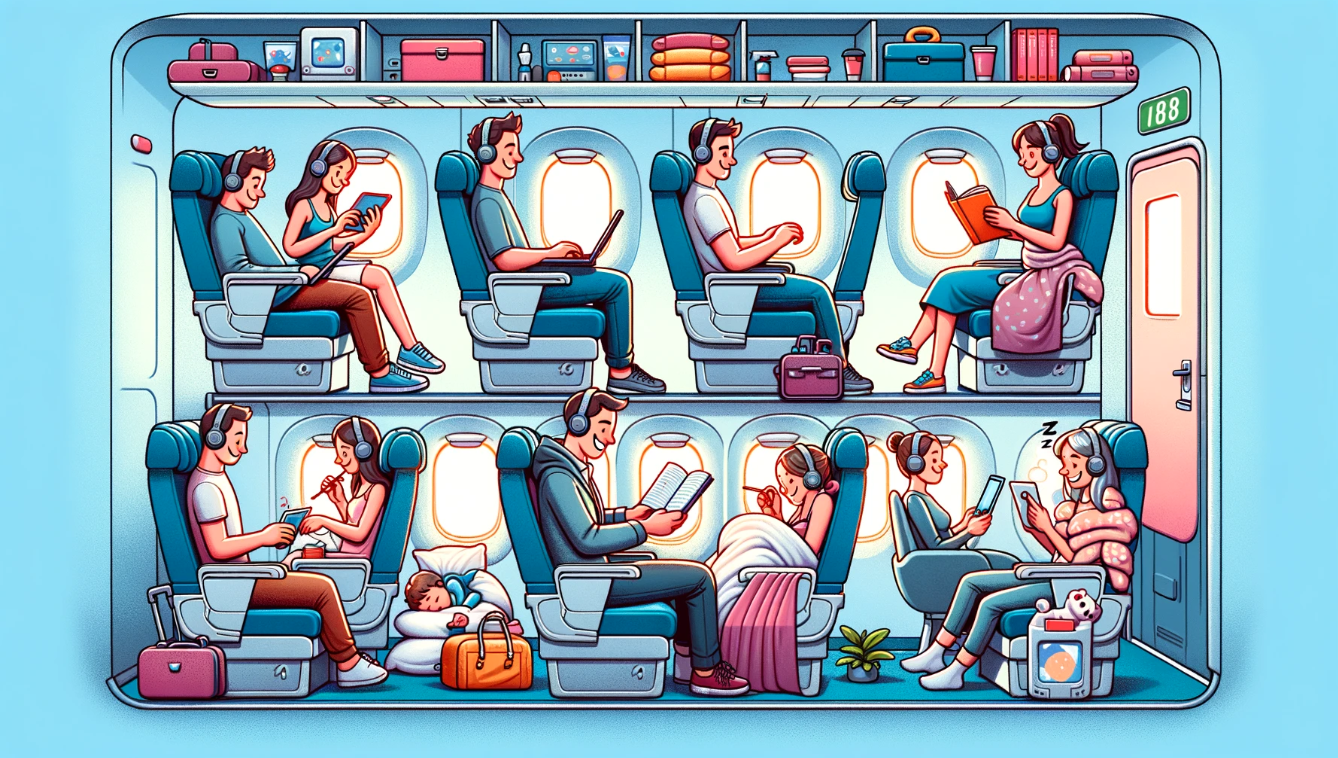 Here is a cartoon-style image depicting various activities people can do on a plane. It shows passengers engaged in different activities like watching a movie on a tablet, reading a book, listening to music with headphones, working on a laptop, and sleeping with a travel pillow and eye mask. The airplane interior is also visible, adding to the lively and colorful representation of in-flight entertainment and productivity options.