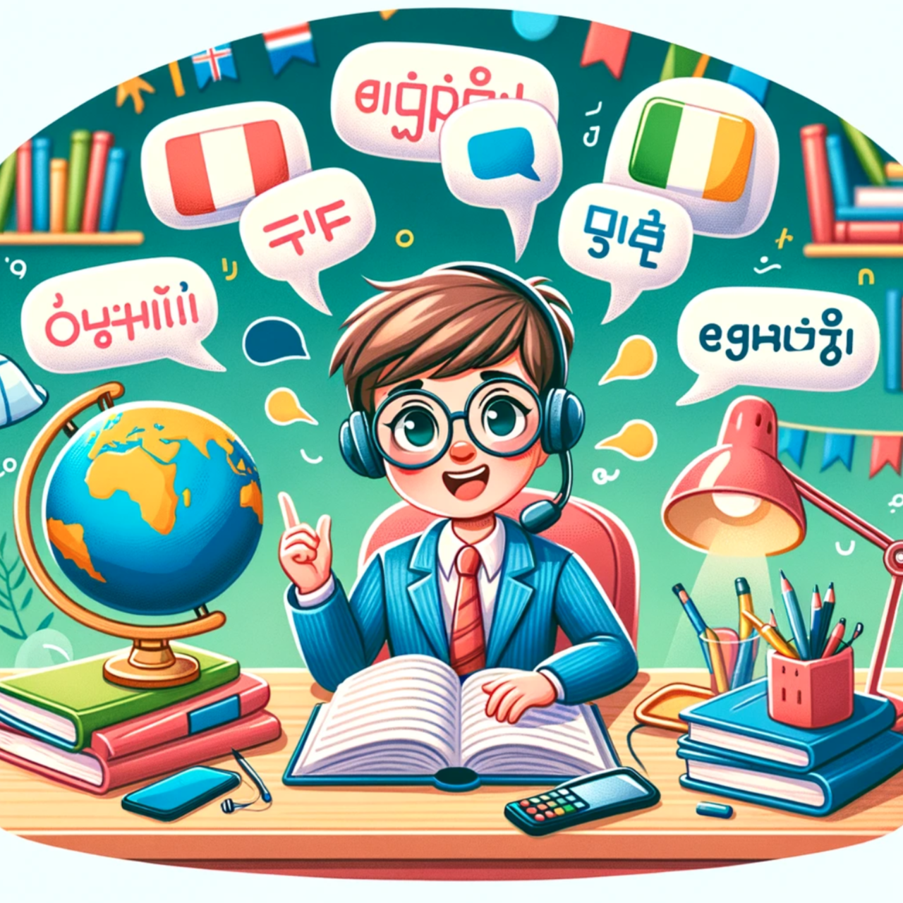 Here is a cartoon image depicting the concept of learning a new language. The character in the image is surrounded by various language learning materials, creating a colorful and engaging scene that represents the fun and positive aspects of language learning.