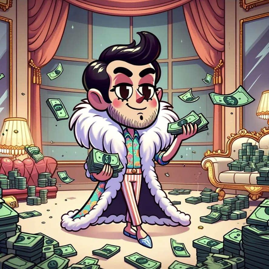 Here's the cartoon image of a narcissistic character surrounded by money, depicted in a humorous and exaggerated manner.