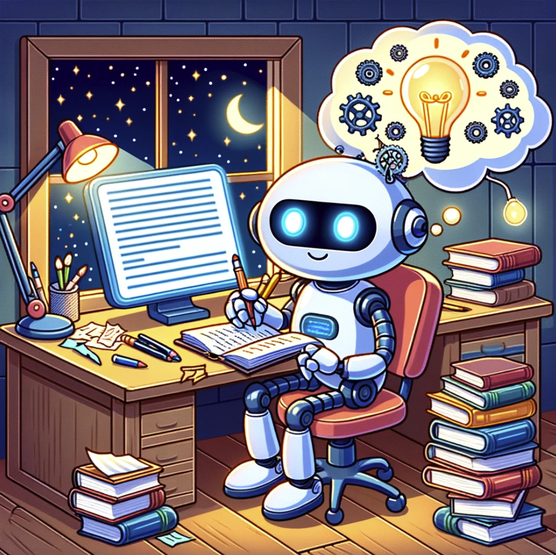 image showcasing ChatGPT as a friendly robot assisting in the book-writing process, surrounded by the tools and inspirations of a writer's workshop.