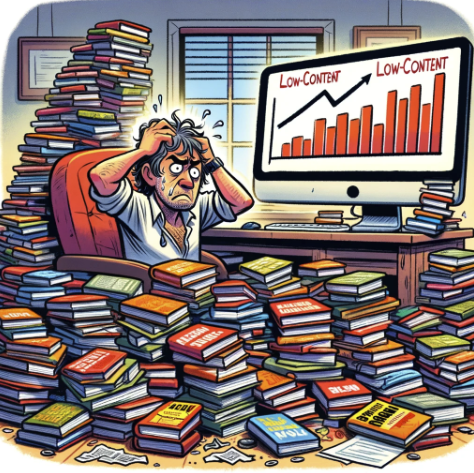 shows a frustrated author amidst unsold low-content books, with a computer screen displaying declining sales, capturing the difficulties of publishing in a competitive environment