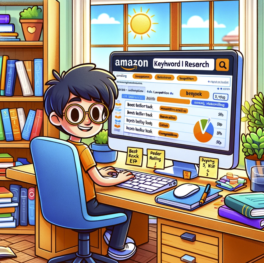 Here's a cartoon image that captures the essence of keyword research for Amazon KDP. The illustration shows an author engaged in the process, surrounded by books and a computer displaying keyword metrics. This image creatively represents the journey of discovering profitable keywords for successful book publishing.