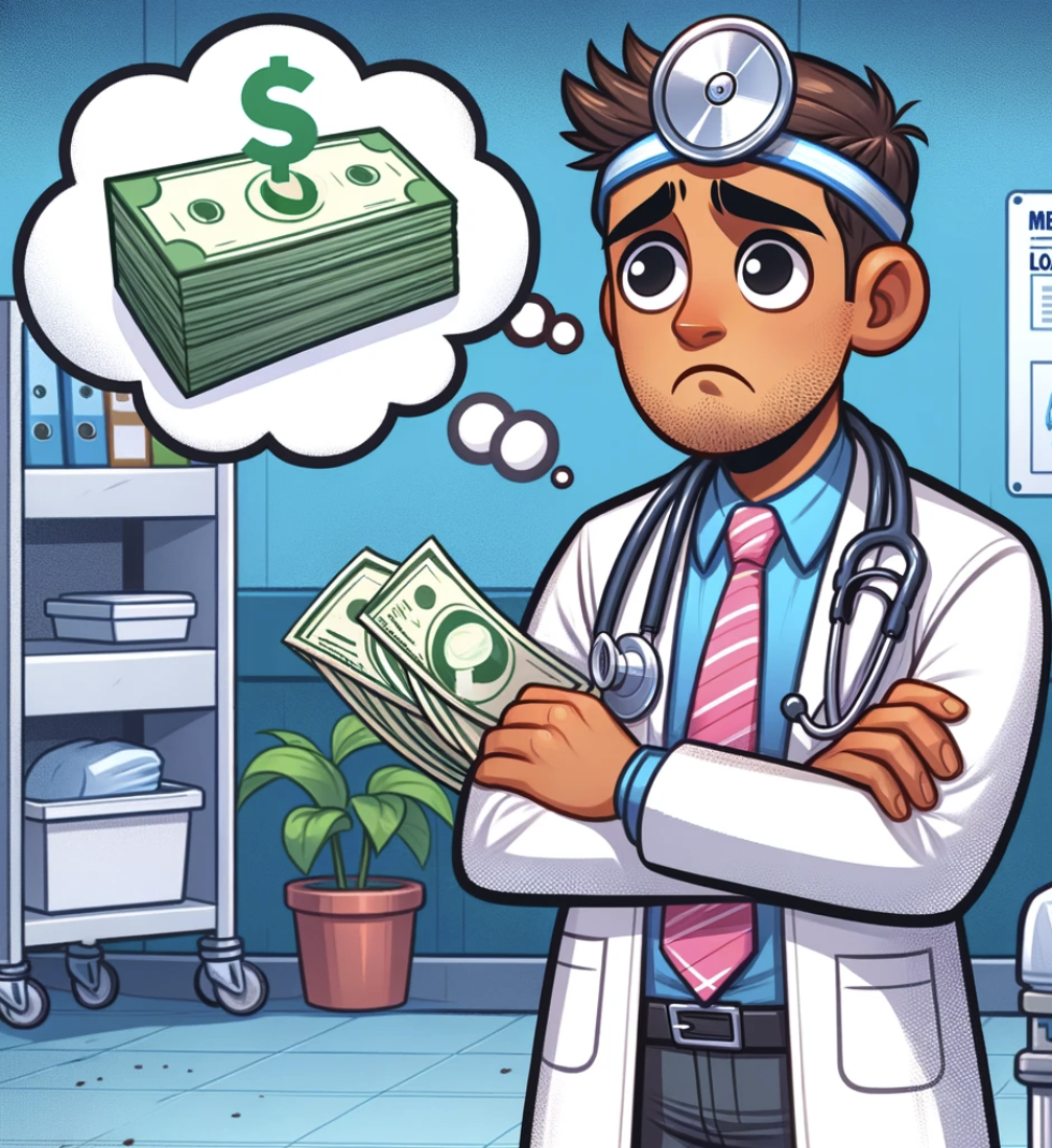 image of a disappointed doctor contemplating their debt