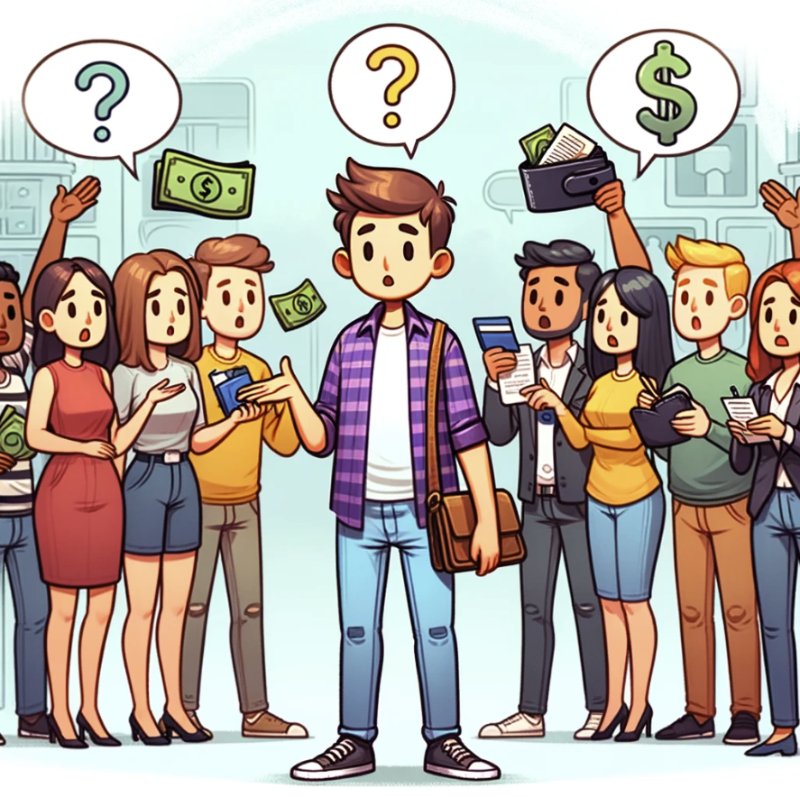 image depicting a scene where a diverse group of people are asking questions about money or finances to a central character, who appears slightly overwhelmed. The setting blends elements of an office and a social environment, illustrating the mix of personal and professional financial discussions.