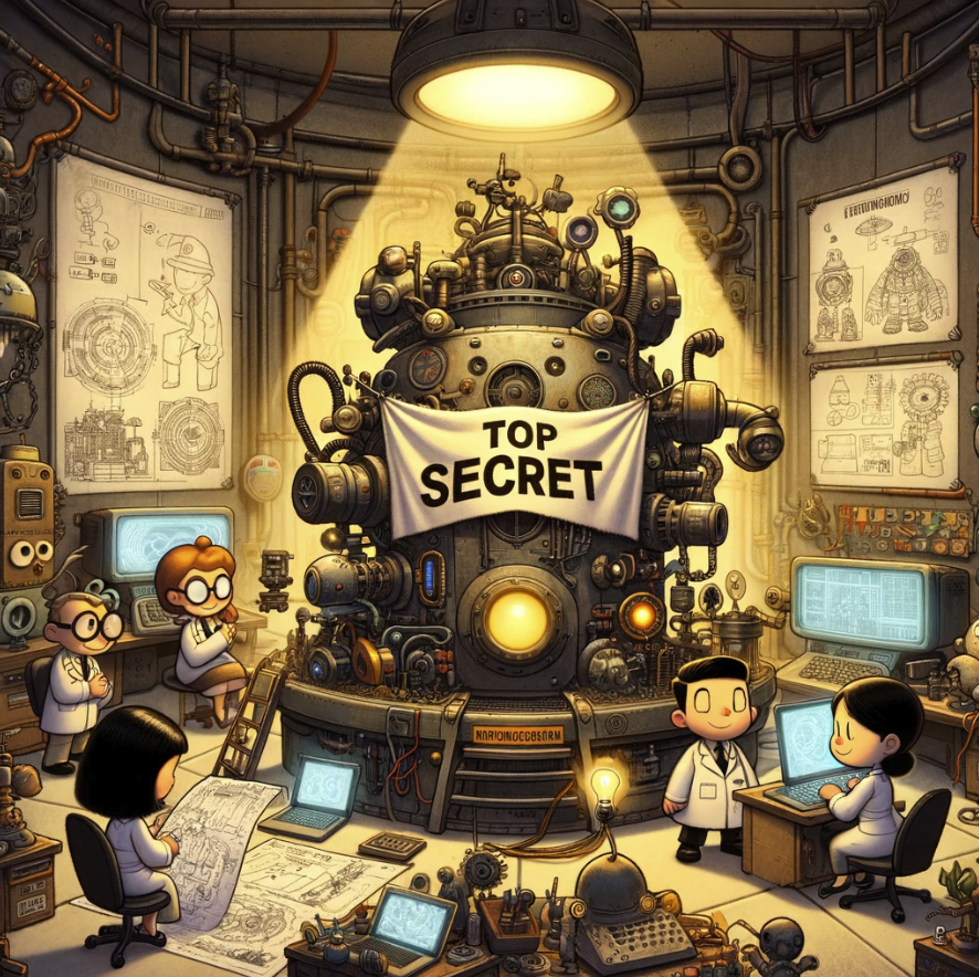 image depicting a whimsical, high-tech lab with scientists and engineers working on a mysterious machine labeled "Top Secret." The scene captures the essence of a secret project in progress