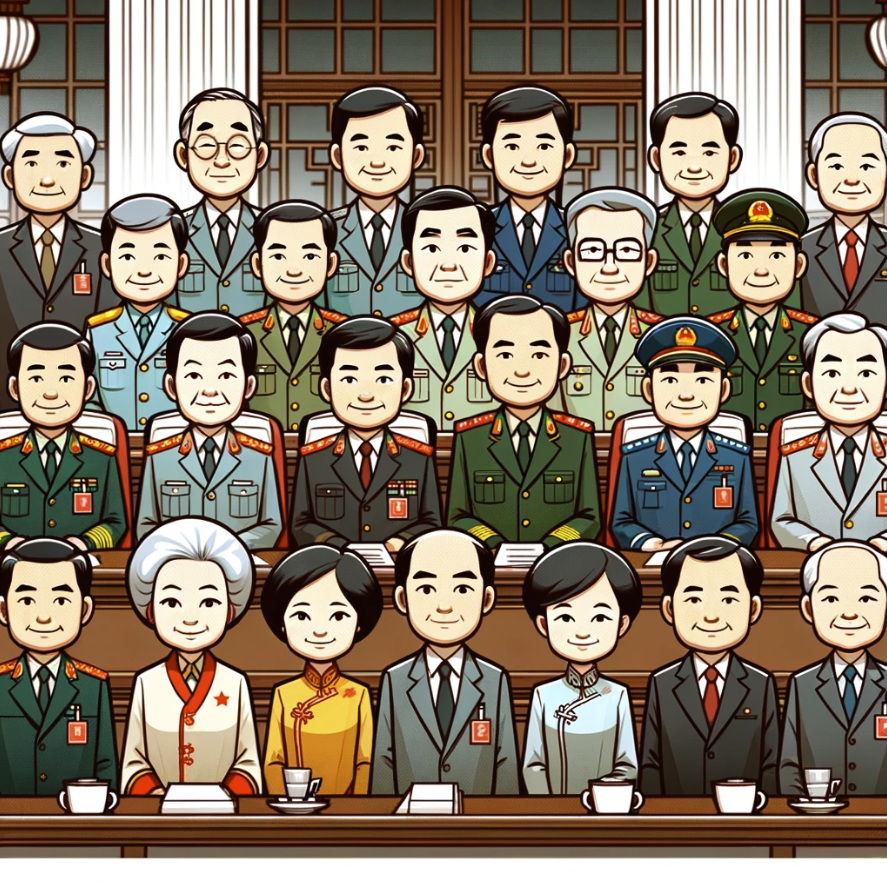 Here's a cartoon-style image featuring a group of Chinese government officials, representing different roles within the government structure, in a setting that includes elements of traditional Chinese architecture.