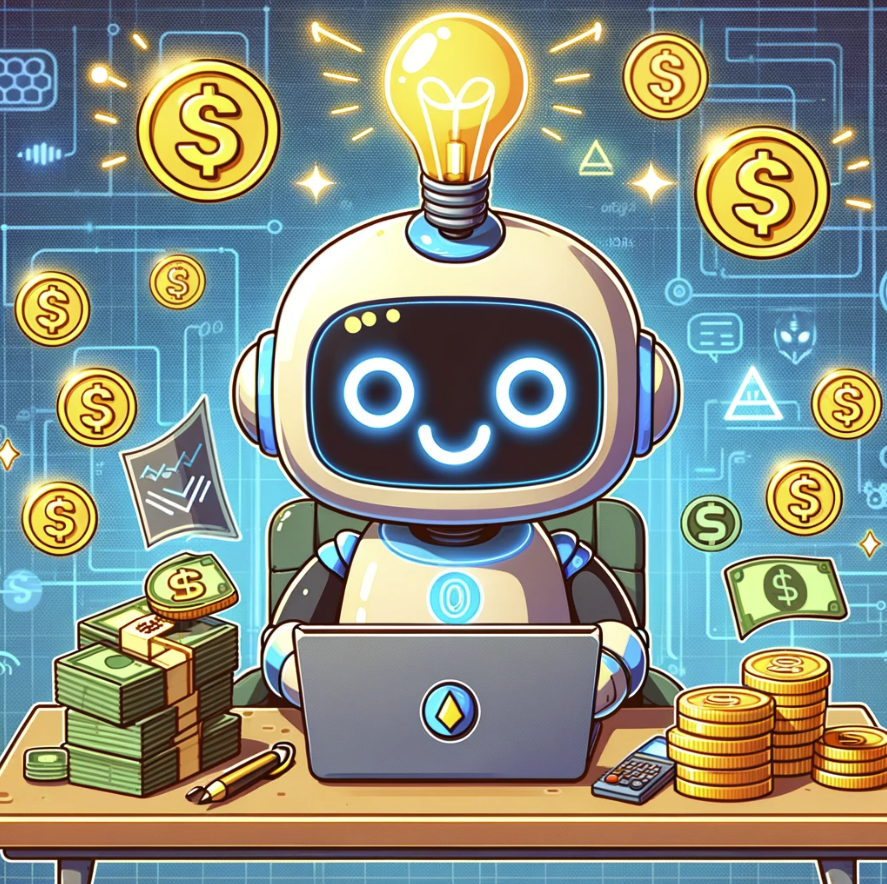 image of ChatGPT depicted as a friendly robot, surrounded by symbols of money and showing a sense of productivity and success in making money through technology