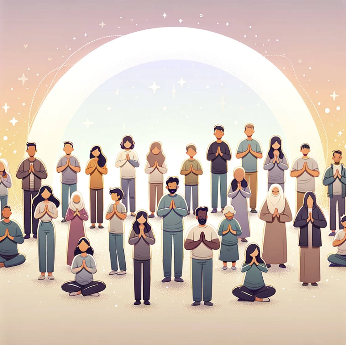 image of a diverse group of people in various postures of prayer, surrounded by a warm and serene setting