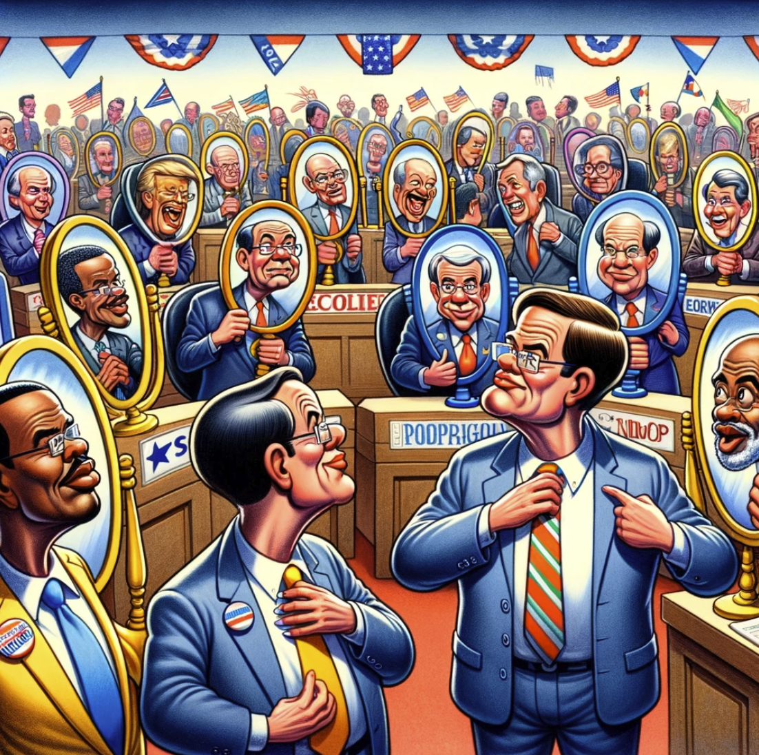satirical cartoon depicting various politicians looking into mirrors, symbolizing narcissism on a political debate stage