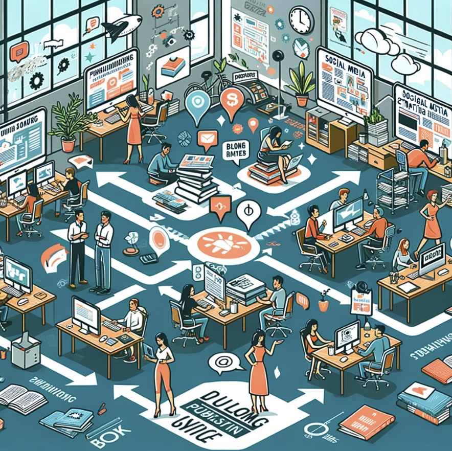 image depicting the concept of 'Synergy in a Publishing Business'. The scene illustrates a dynamic and collaborative publishing office environment, showcasing various aspects of the business such as book layout discussion, blog content brainstorming, and social media strategy