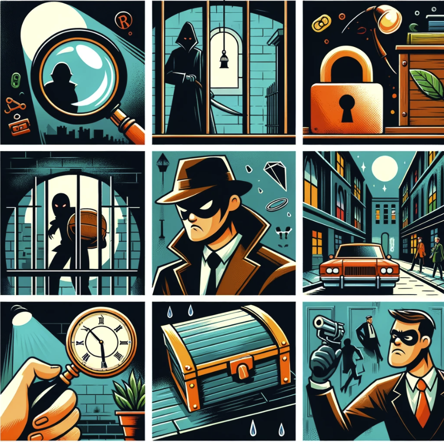 image that captures the essence of mystery, thriller, and suspense literature. It includes various elements typical of these genres, portrayed in a colorful and engaging style