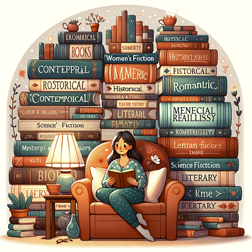 image depicting a woman enjoying her reading in a cozy setting, surrounded by books from various genres of women's fiction