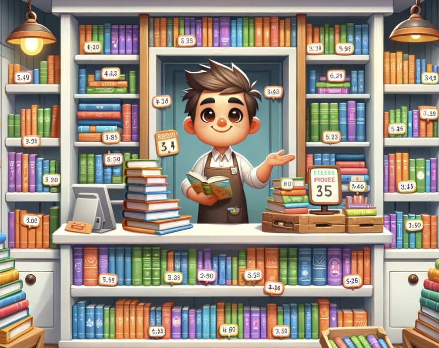 image depicting a whimsical bookstore, with a focus on the diverse pricing of books