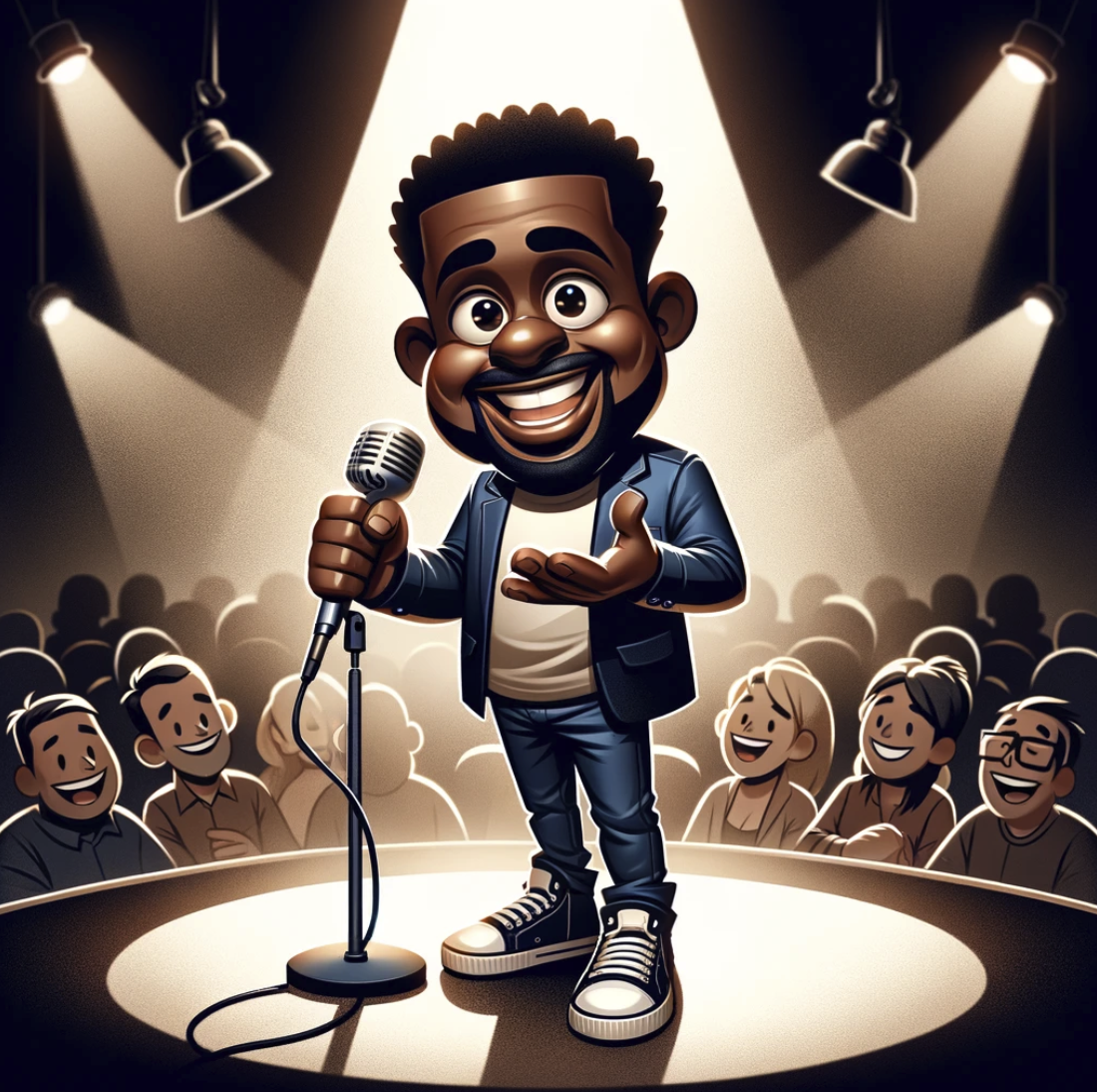 image of a black comedian on stage, capturing the essence of an engaging and humorous stand-up comedy performance