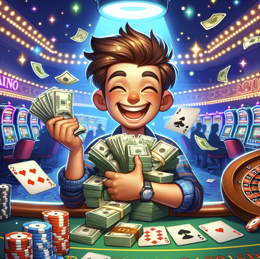 image depicting a person happily counting a pile of money at a gambling setting
