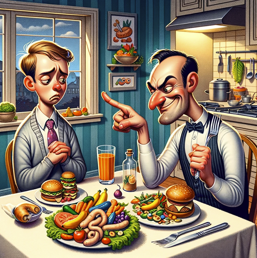 illustration depicting a scene where a narcissist is using food as a tool for manipulation