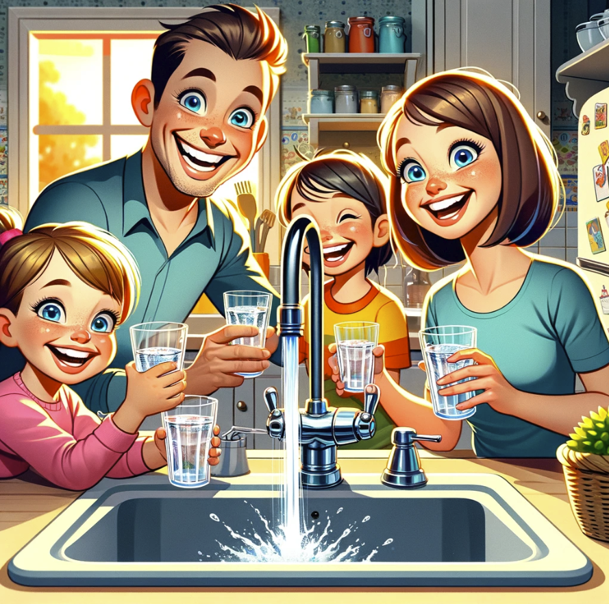 image depicting a family enjoying tap water in their kitchen. It conveys a sense of cleanliness, safety, and family warmth, emphasizing the idea that tap water is safe and healthy to drink