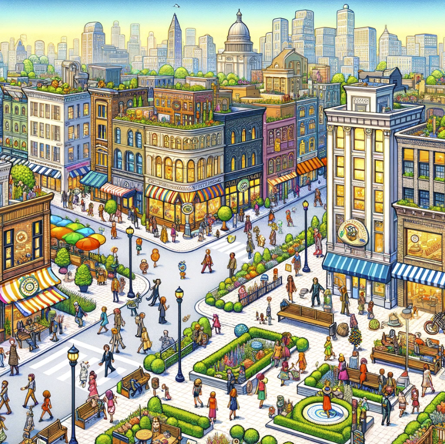 illustration of a bustling, colorful cityscape, designed to encapsulate the idea of a walkable city. The scene is filled with pedestrians of all ages and backgrounds, vibrant architecture, and lively street activities, all contributing to a cheerful and welcoming atmosphere