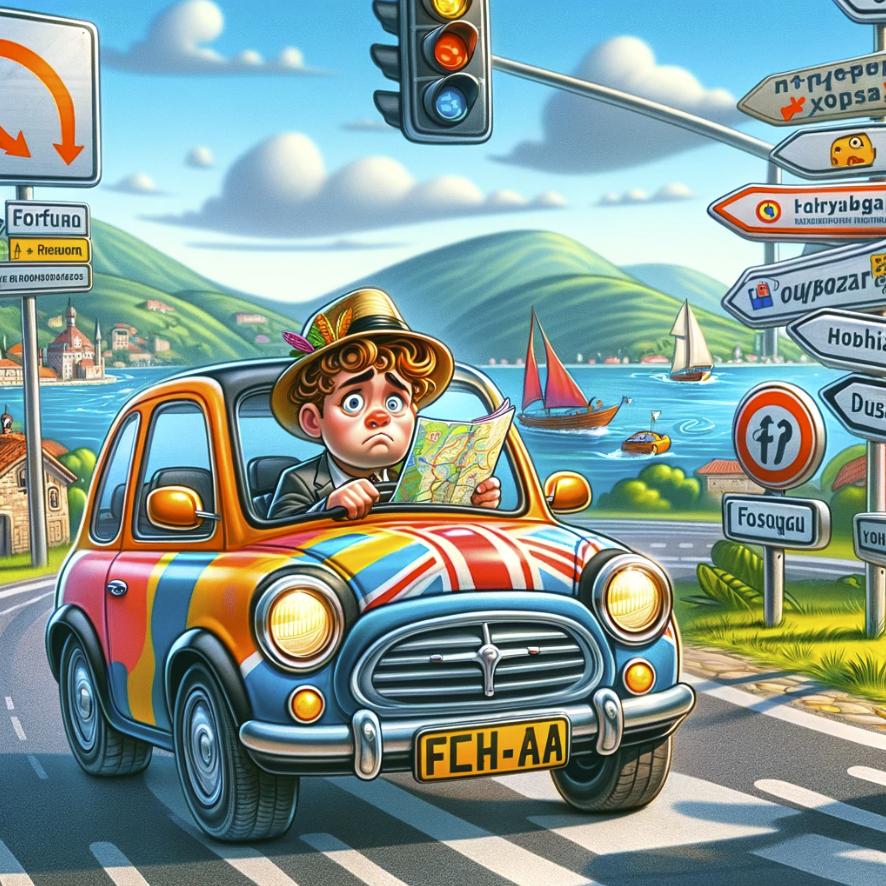 cartoon image depicting a tourist driving in a foreign country. The scene captures the adventure and humorous challenges of navigating a new driving environment