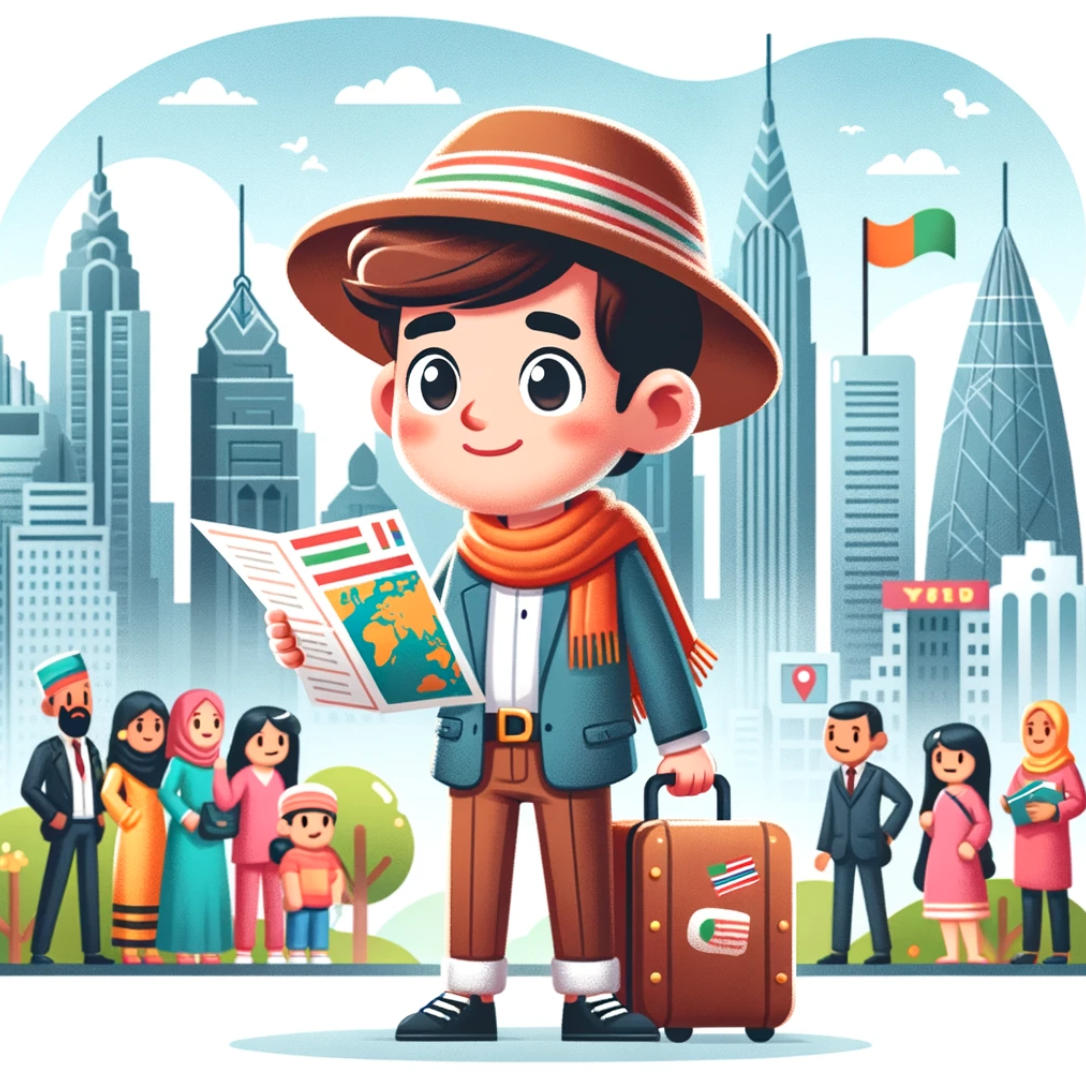 image depicting an immigrant arriving in a new country, complete with a city skyline, suitcase, map, and a backdrop representing a multicultural environment