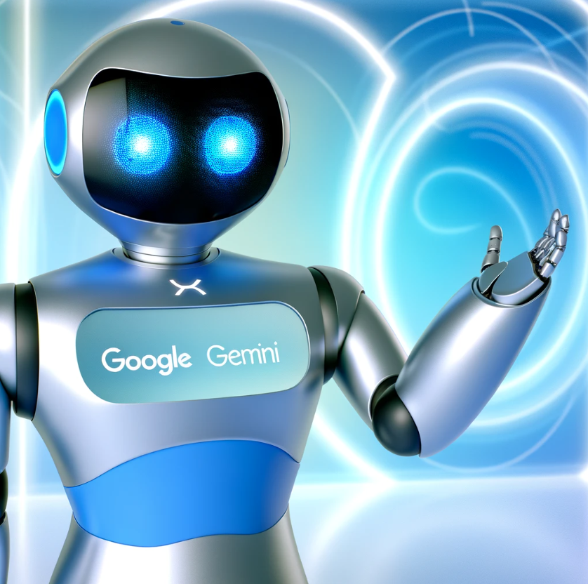 image of Google Gemini, a futuristic, friendly robot designed with sleek lines and a modern aesthetic