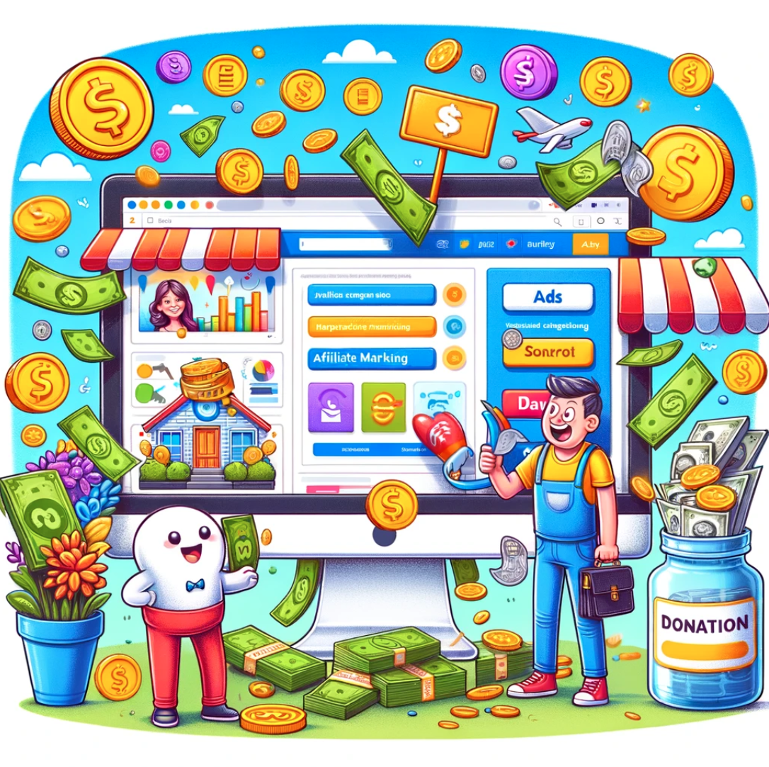 colorful and humorous cartoon image that illustrates the concept of monetizing a website. It creatively depicts various monetization strategies in a fun and engaging way