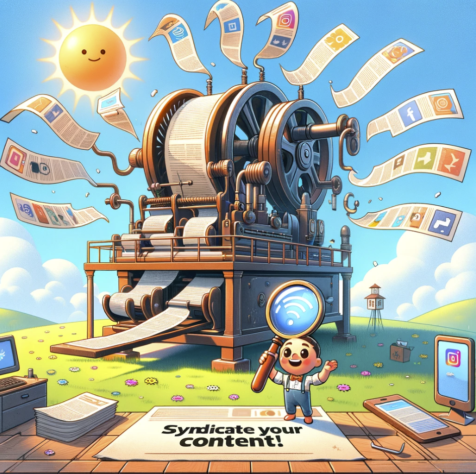 whimsical cartoon image illustrating the concept of content syndication. The scene features a cheerful cartoon character alongside a representation of how content spreads across various digital platforms
