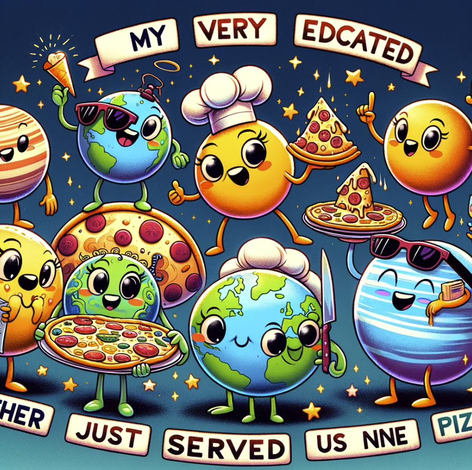 artoon image depicting the mnemonic "My Very Educated Mother Just Served Us Nine Pizzas" with anthropomorphic planets is ready above. Each planet is uniquely characterized to match the words from the mnemonic, adding a playful and educational aspect to the solar system's lineup