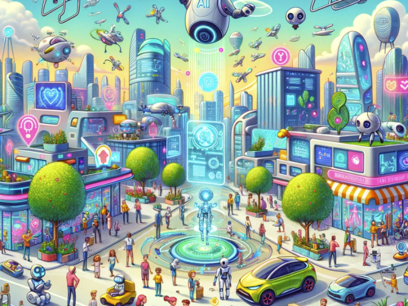 whimsical and colorful cartoon image depicting various AI technologies coming to life in a futuristic city. The scene is vibrant and full of life, showcasing a harmonious blend of technology and everyday life