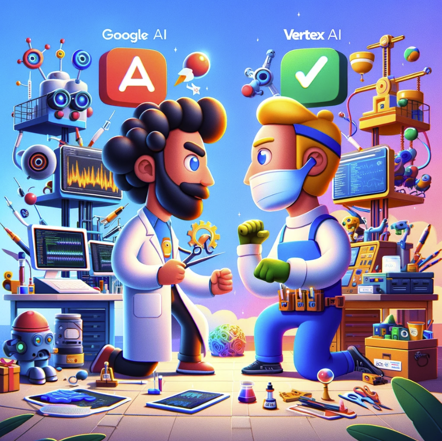 Google AI Studio vs. Vertex AI, cartoon image