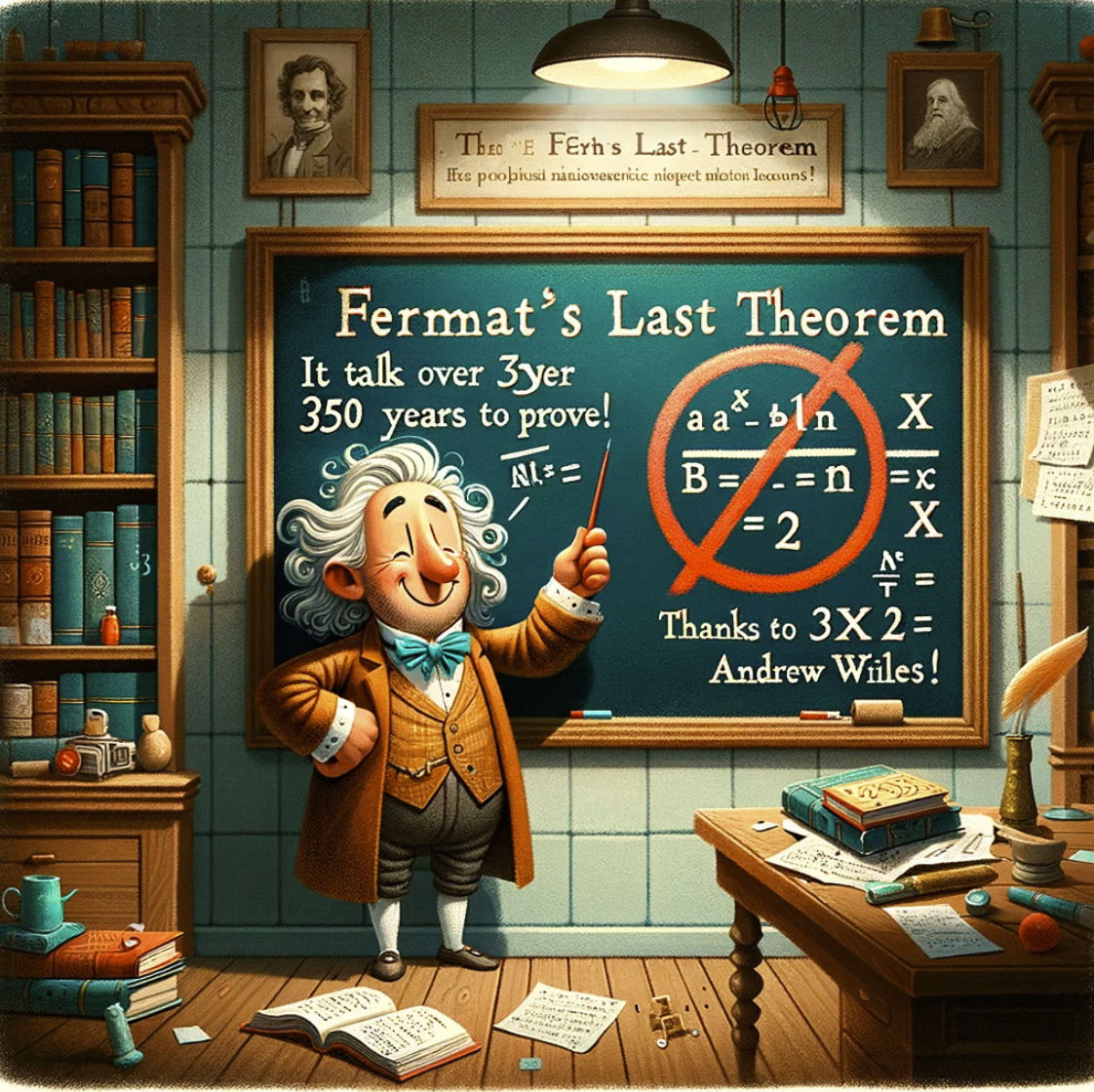 cartoon-style image that brings Fermat's Last Theorem to life, featuring a whimsical character resembling a classical mathematician in front of a chalkboard, highlighting the theorem and its proof by Andrew Wiles