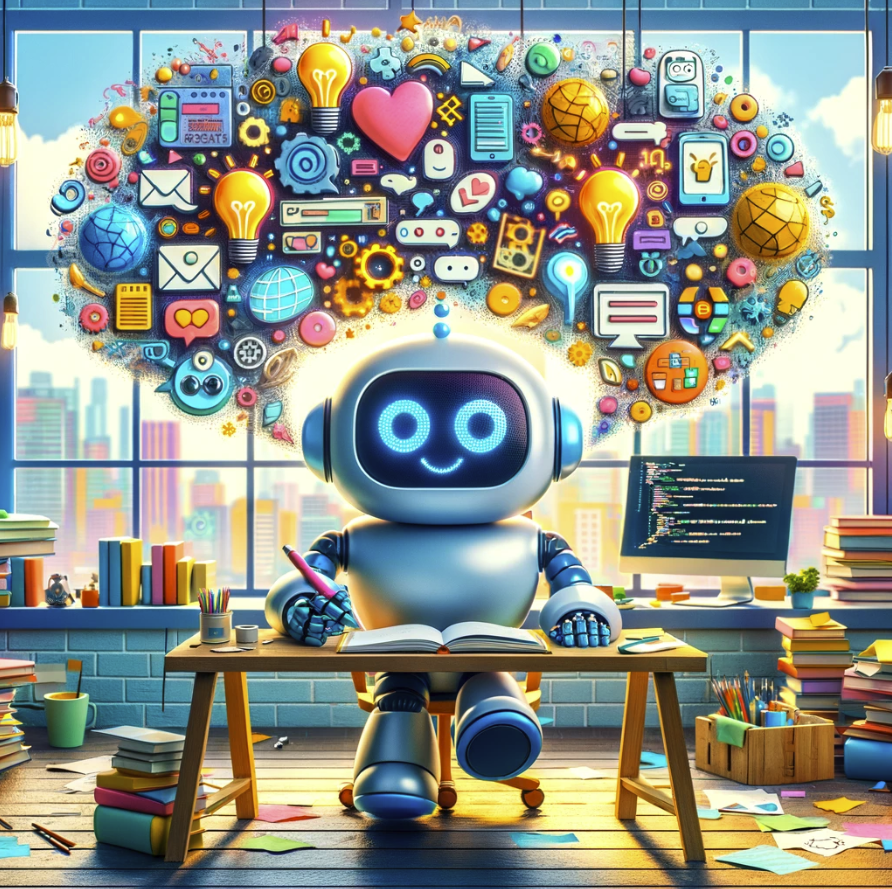 cartoon image depicting the concept of generating AI product ideas from Large Language Models (LLMs). It creatively visualizes the process with a robot representing an LLM at the heart of innovation, surrounded by symbols of various AI product ideas