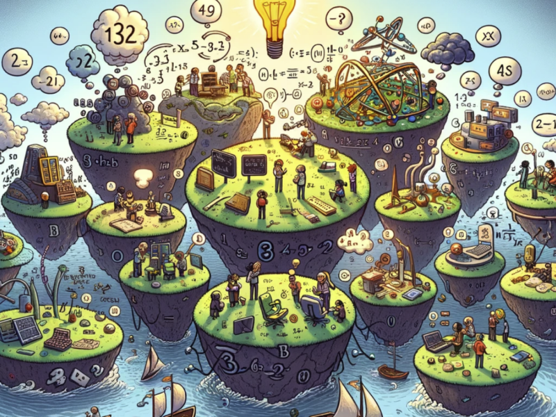 cartoon image depicting the world of mathematics as a vast, interconnected landscape with specialized areas is ready. It visually represents the concept of specialization within mathematics in a whimsical and colorful way, highlighting collaboration and the exchange of ideas across different mathematical domains