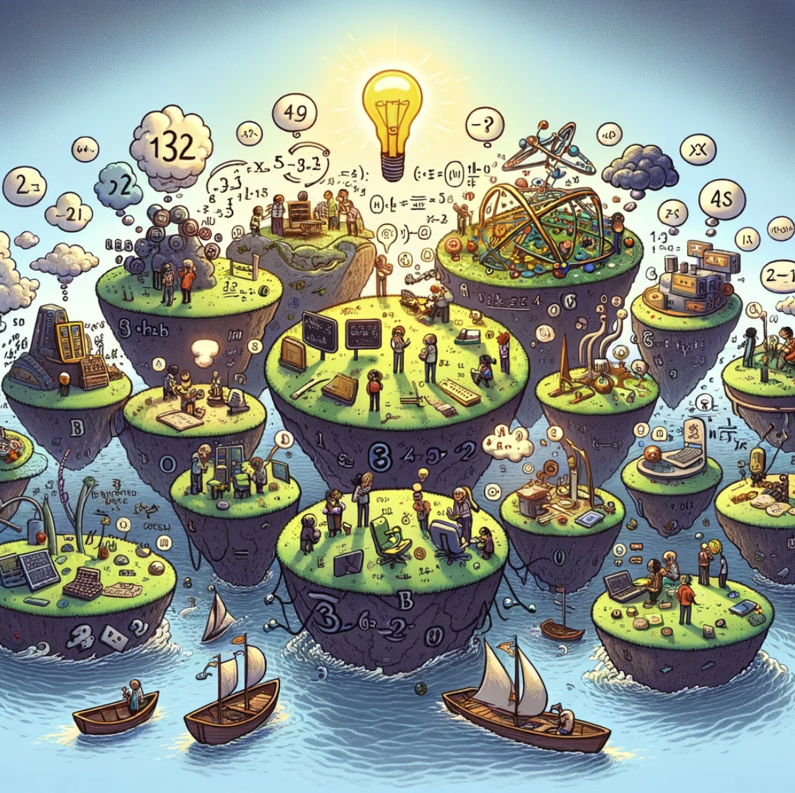 cartoon image depicting the world of mathematics as a vast, interconnected landscape with specialized areas is ready. It visually represents the concept of specialization within mathematics in a whimsical and colorful way, highlighting collaboration and the exchange of ideas across different mathematical domains