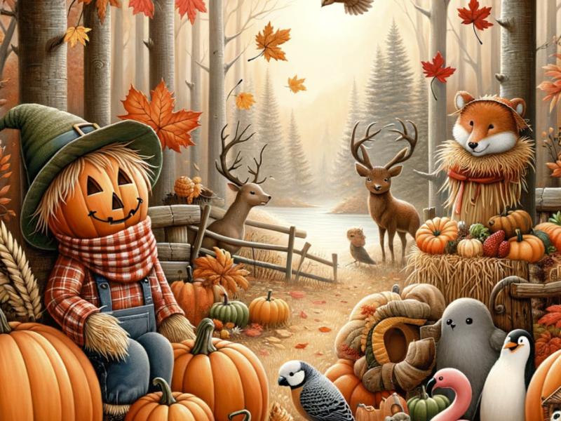 whimsical cartoon image capturing the essence of fall (autumn). It features vibrant fall leaves, pumpkins, a scarecrow, and animals preparing for winter in a forest setting, all depicted in a soft, warm color palette of oranges, reds, and yellows