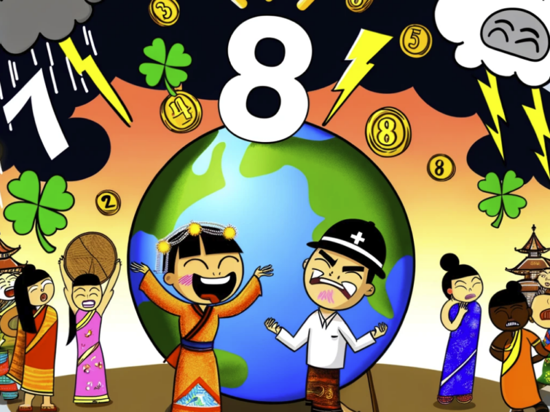 illustrates the concept of lucky and unlucky numbers around the world, showcasing the contrast between perceptions of numbers in different cultures