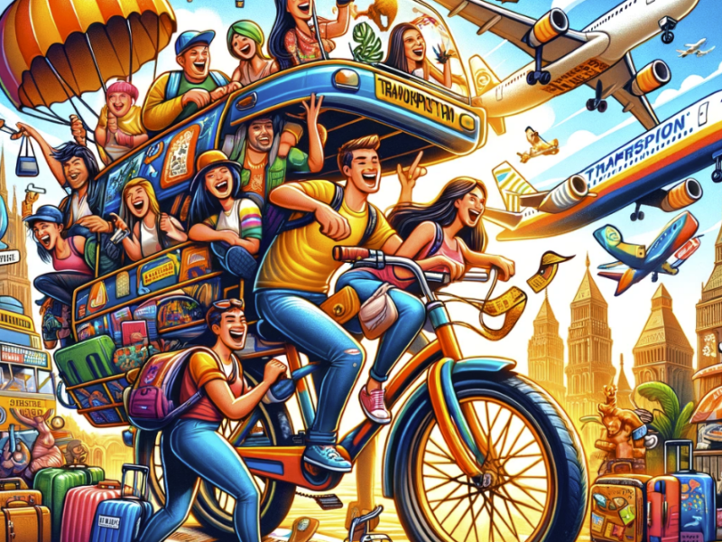 image that captures the spirit of affordable travel, featuring travelers enjoying various cost-effective transportation methods against a backdrop of iconic global landmarks