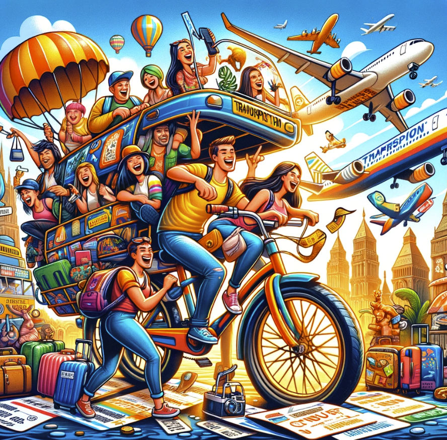 image that captures the spirit of affordable travel, featuring travelers enjoying various cost-effective transportation methods against a backdrop of iconic global landmarks