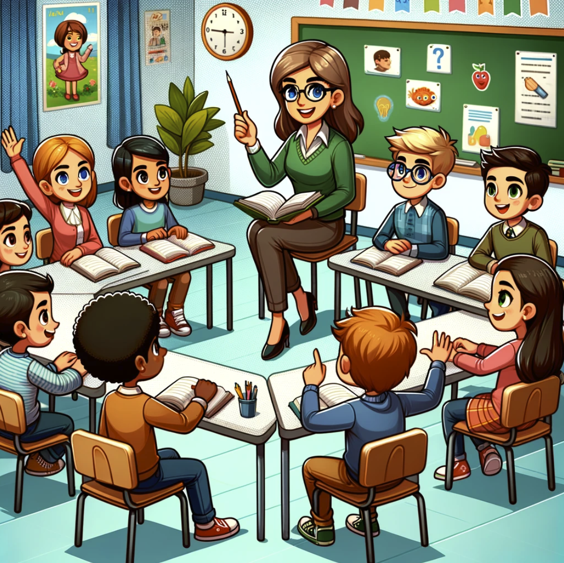 image illustrating the Harkness Table method, showcasing a diverse group of students engaged in a lively discussion around an oval-shaped table, with the teacher facilitating the conversation in a collaborative and inclusive environment
