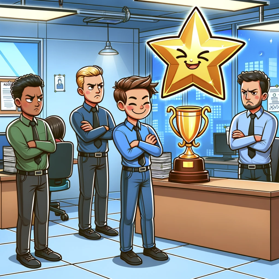 image that captures the scenario of a star employee receiving resentment from other colleagues. The contrast between the star's pride and the colleagues' discontent in an office setting is clearly depicted