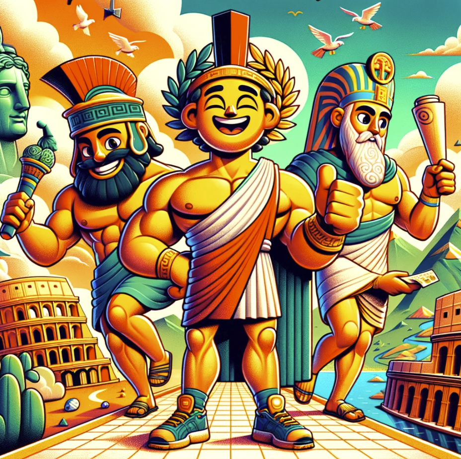 image that brings Ancient Rome, Ancient Greece, and Ancient Egypt to life in a fun and vibrant way. Each civilization is represented by an iconic, anthropomorphized figure, showcasing their unique attributes and achievements in a whimsical setting