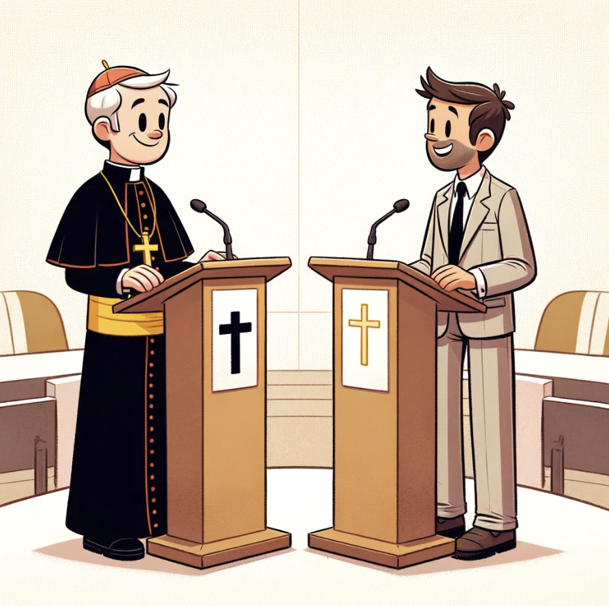 image depicting a friendly debate between a Catholic and a Protestant